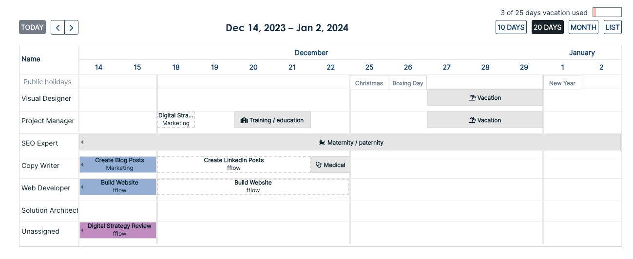 Time off schedule